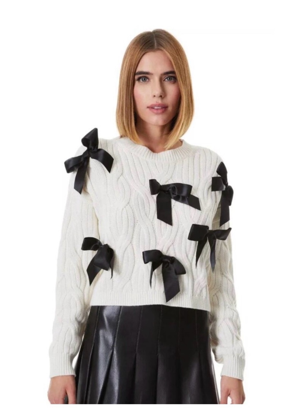 Alice + Olivia White Cable Knit Crew Sweater with Black Satin Bows